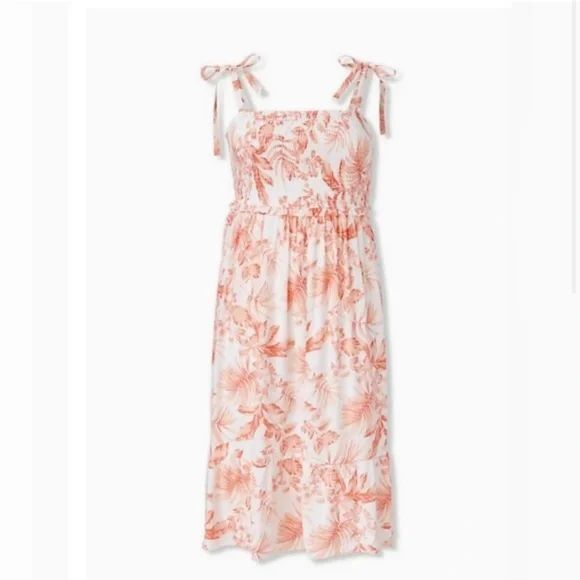 torrid Dresses & Skirts - Torrid Coral Floral Tie Shoulder Midi Dress Summer Tropical Palm Print Size 2 g1